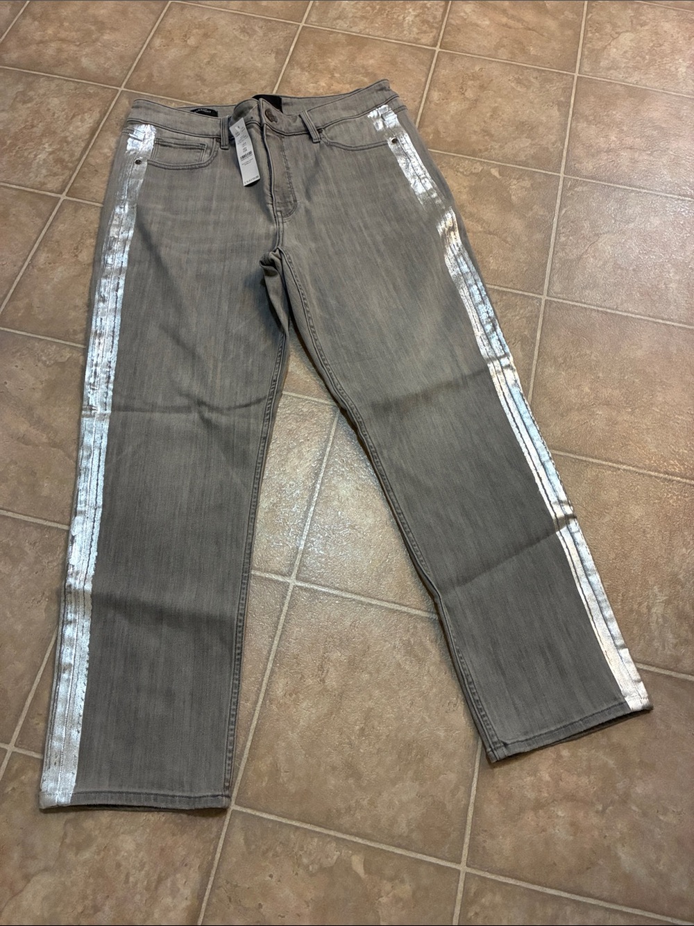 White House Black Market Gray Straight Jeans with Silver Side Stripes high rise